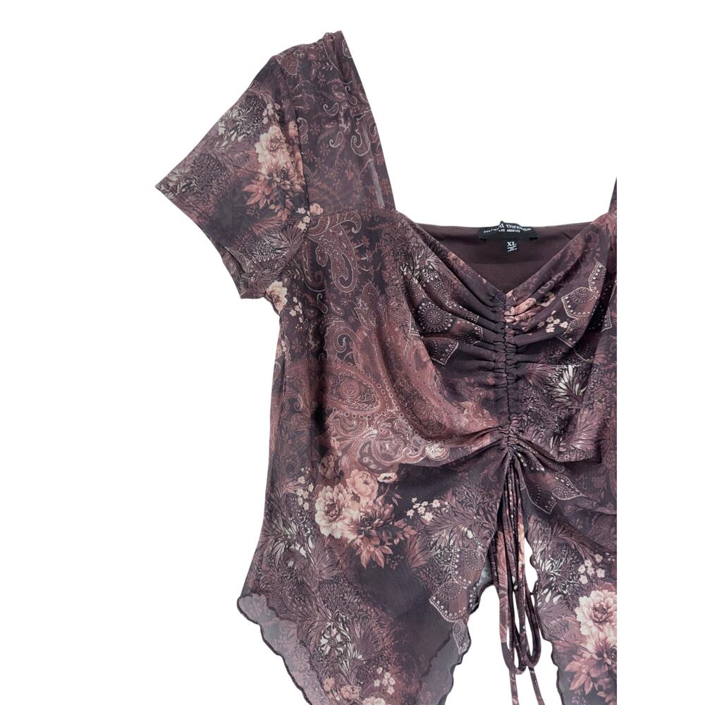 Y2K fairycore Paisley Floral Mesh Handkerchief Top Boho XL Ruched Front - Picture 5 of 7